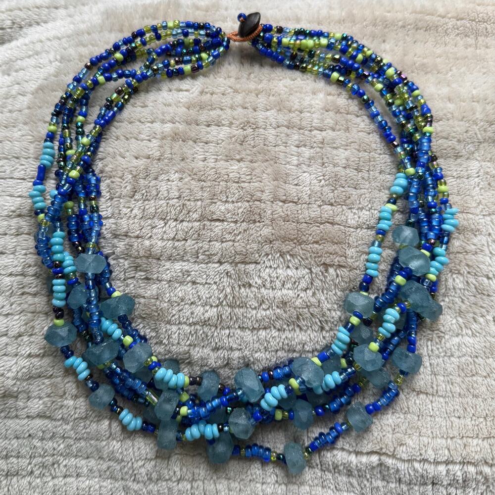 Artisan Blue Green Glass Beaded Multi Strand Necklace